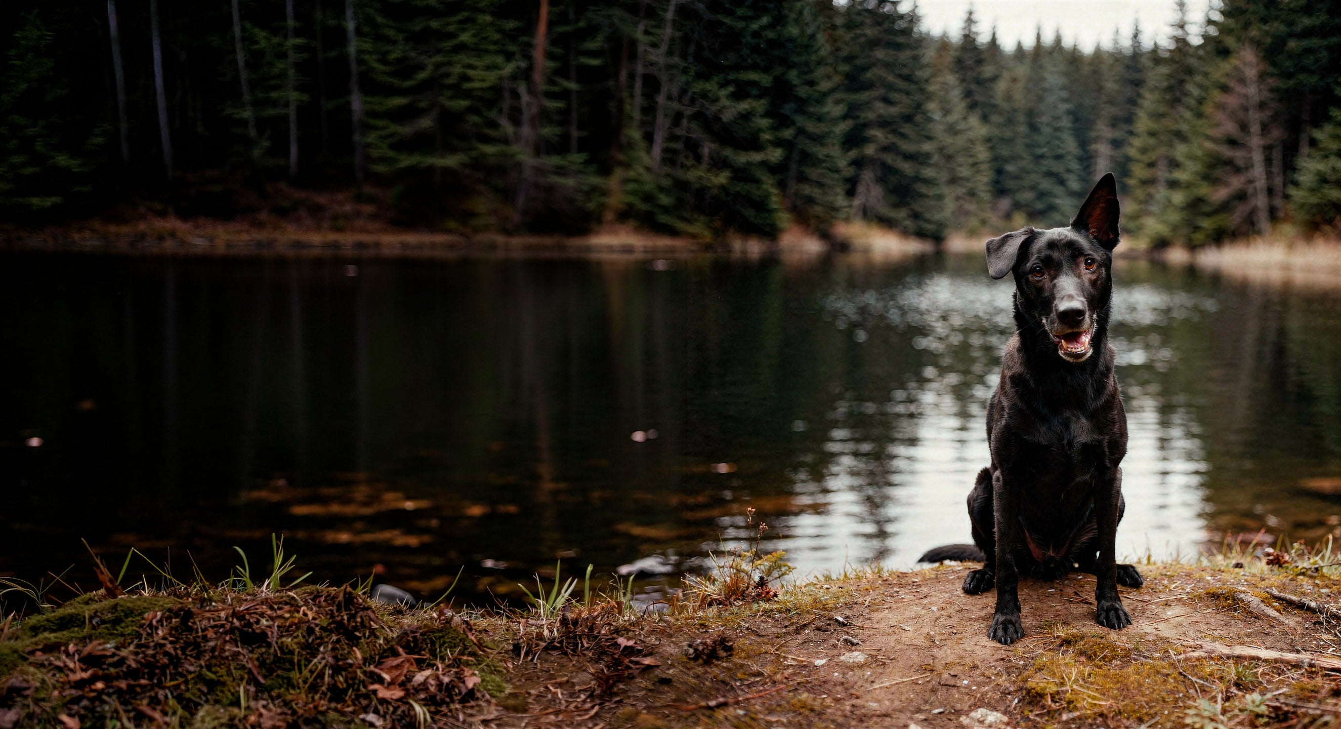Dog sitting on a path by a lake with trees in the background