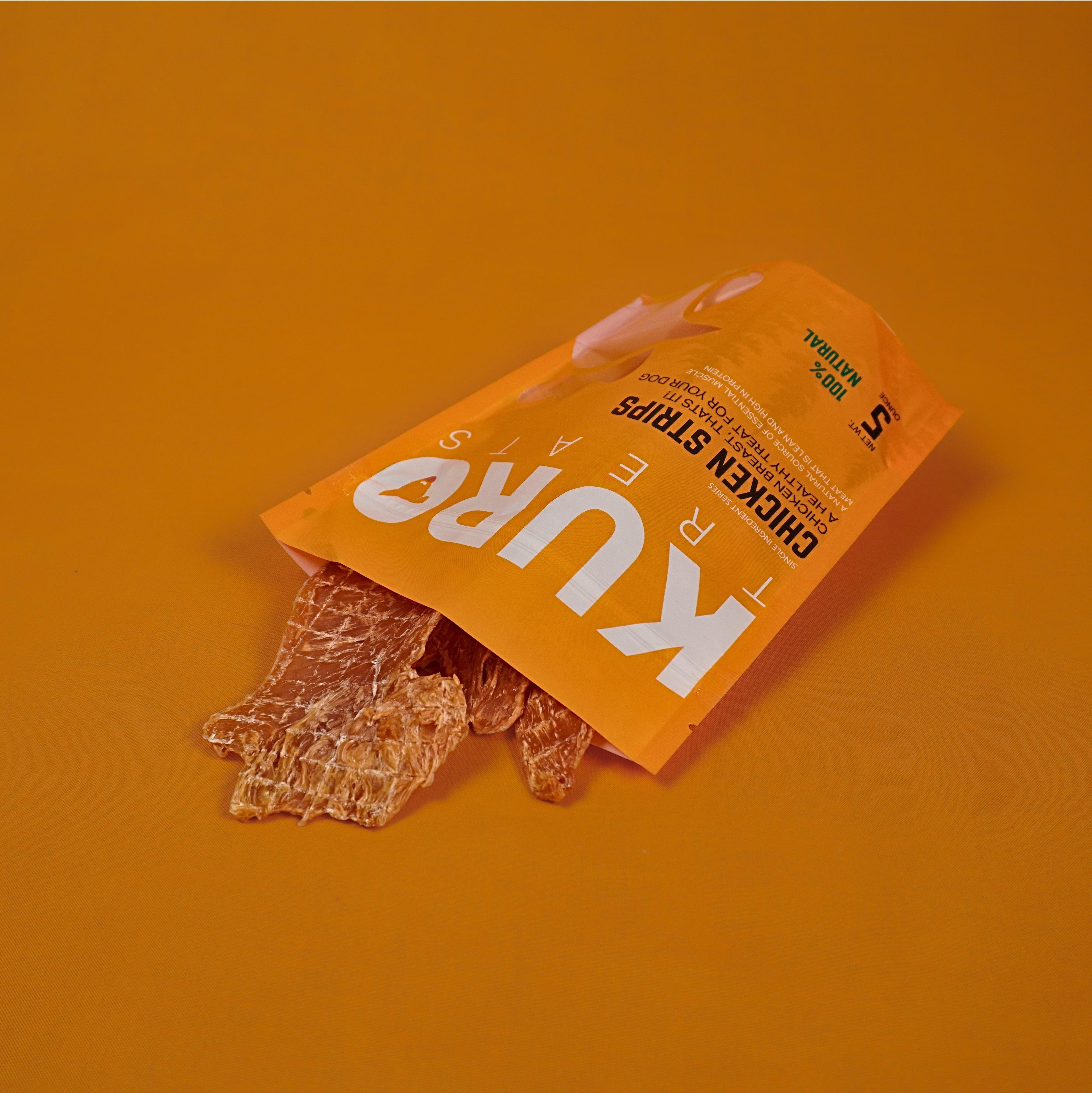 opened bag of chicken strip treat for dogs